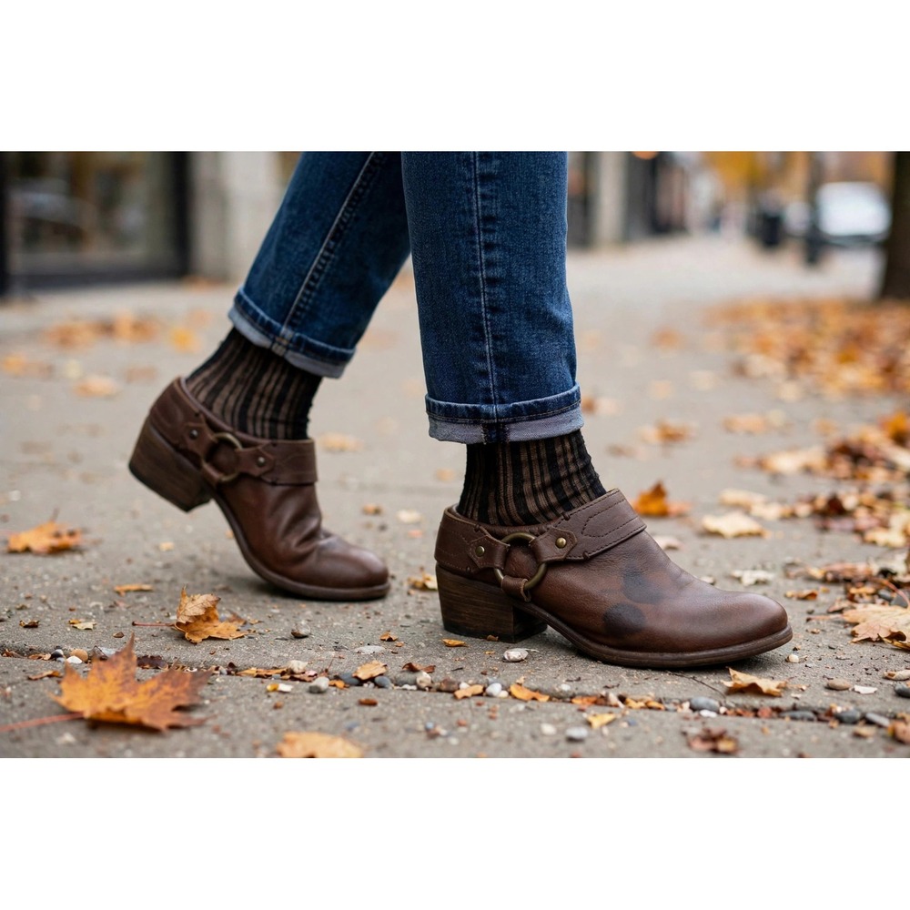 Frye Harness Bootie Clogs Women 8.5 Brown Leather Slip On Mules Stain